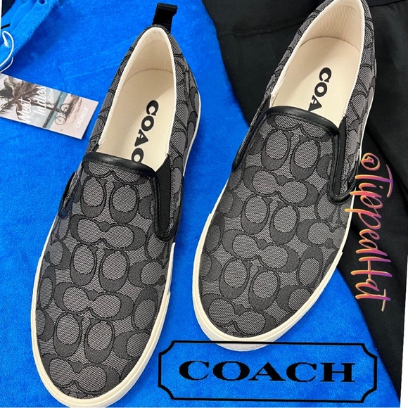 NWOB $195 Coach Black & Grey Skate Slip On Sneaker In Signature Jacquard - Picture 1 of 10